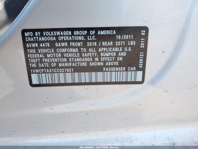 2012 Volkswagen Passat 2.5l Sel Premium მანქანა იყიდება აუქციონზე, vin: 1VWCP7A31CC021921, აუქციონის ნომერი: 44888257