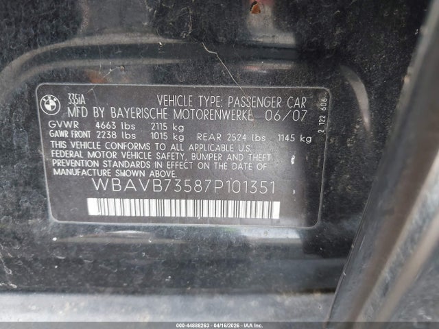 Продаж на аукціоні авто 2007 Bmw 335i, vin: WBAVB73587P101351, номер лоту: 44888263