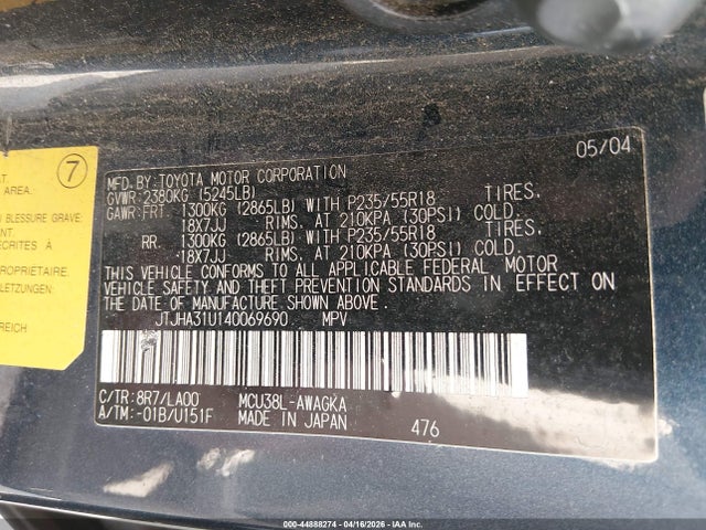 2004 Lexus Rx 330 მანქანა იყიდება აუქციონზე, vin: JTJHA31U140069690, აუქციონის ნომერი: 44888274
