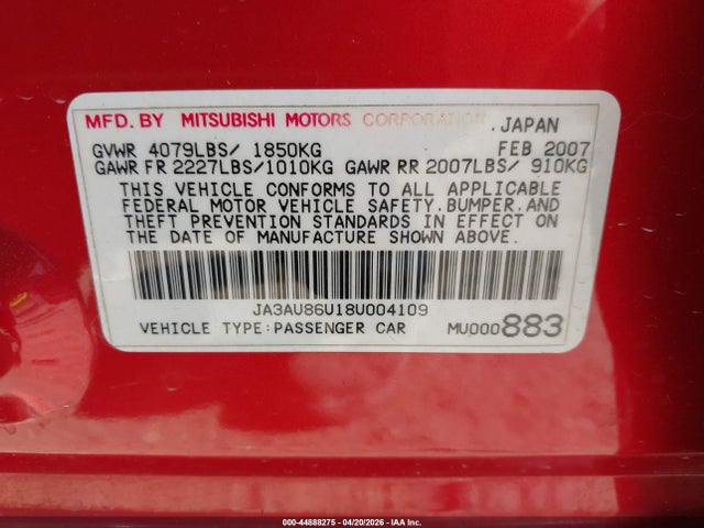 2008 Mitsubishi Lancer Gts მანქანა იყიდება აუქციონზე, vin: JA3AU86U18U004109, აუქციონის ნომერი: 44888275