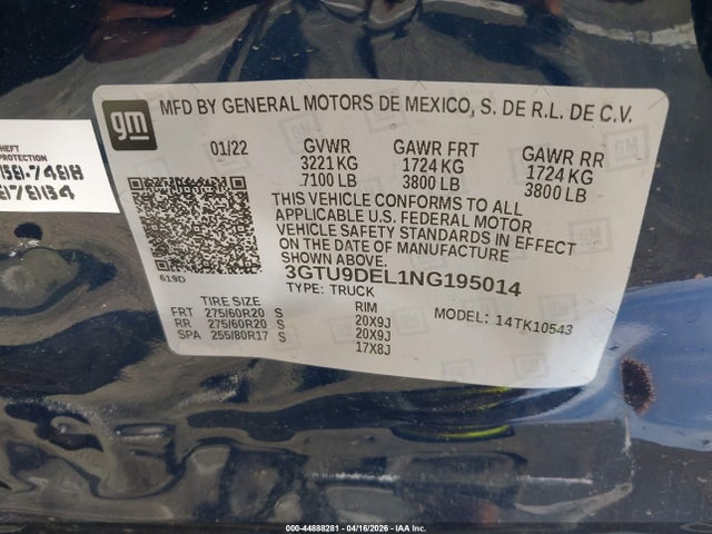 Aukcja sprzedaży 2022 Gmc Sierra 1500 Limited Slt, vin: 3GTU9DEL1NG195014, numer aukcji: 44888281