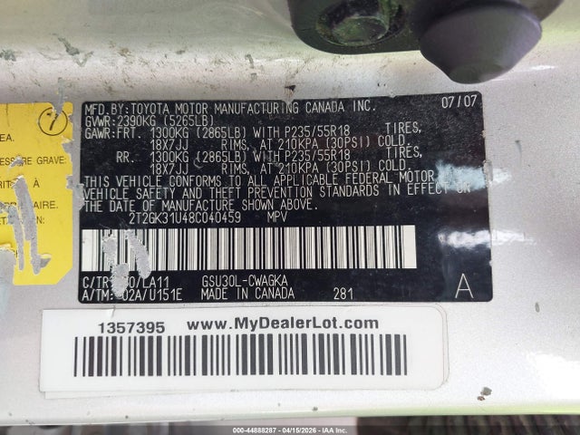 44888287 :رقم المزاد ، 2T2GK31U48C040459 vin ، 2008 Lexus Rx 350 مزاد بيع