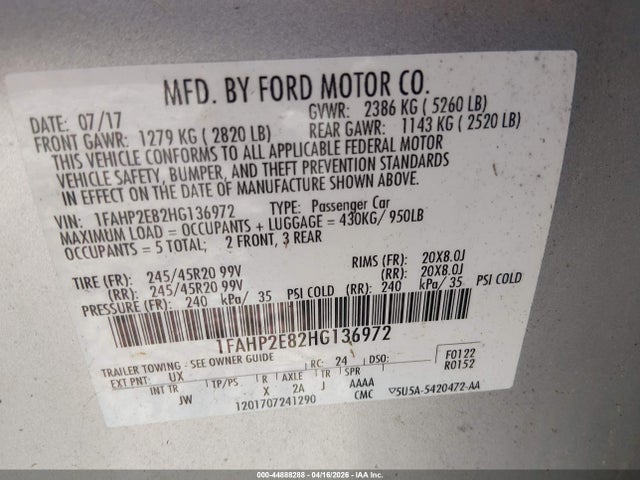 Ford TAURUS SEL 2017 1FAHP2E82HG136972 Image 9