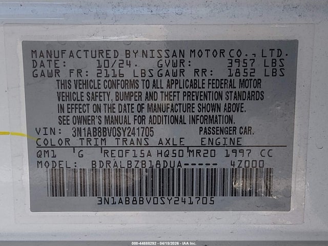 44888292 :رقم المزاد ، 3N1AB8BV0SY241705 vin ، 2025 Nissan Sentra S مزاد بيع