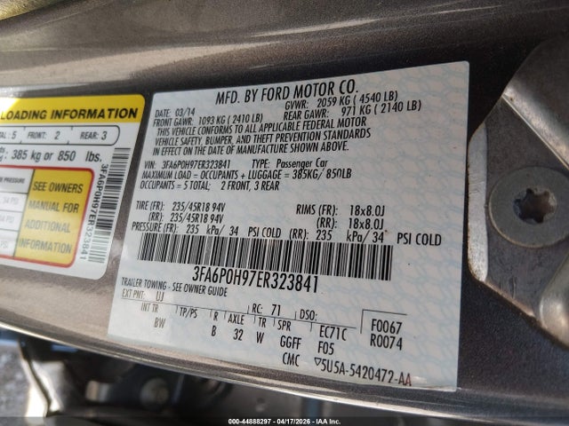 Aukcja sprzedaży 2014 Ford Fusion Se, vin: 3FA6P0H97ER323841, numer aukcji: 44888297