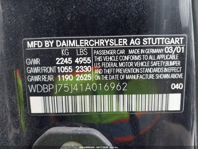 2001 Mercedes-benz Cl 500 მანქანა იყიდება აუქციონზე, vin: WDBPJ75J41A016962, აუქციონის ნომერი: 44888300
