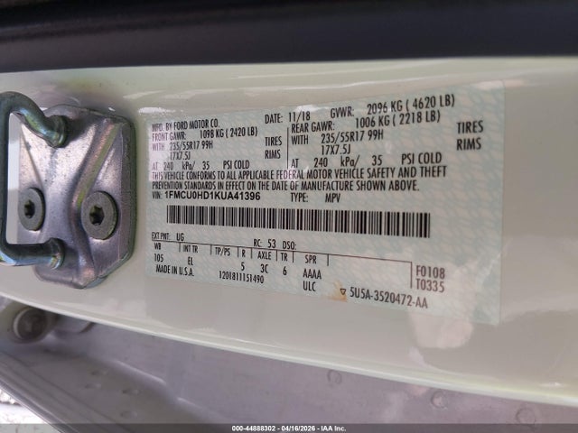 Aukcja sprzedaży 2019 Ford Escape Sel, vin: 1FMCU0HD1KUA41396, numer aukcji: 44888302