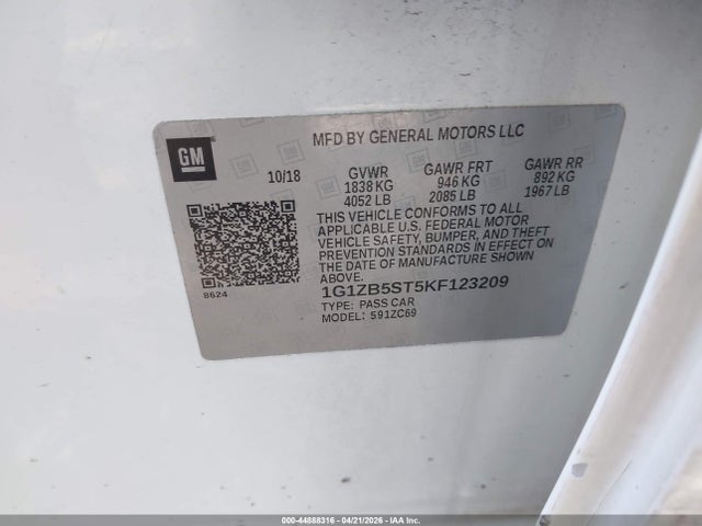 44888316 :رقم المزاد ، 1G1ZB5ST5KF123209 vin ، 2019 Chevrolet Malibu 1ls مزاد بيع
