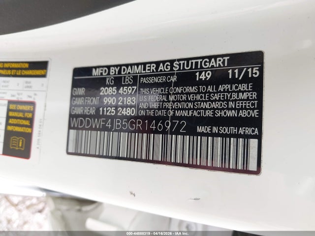 44888319 :رقم المزاد ، WDDWF4JB5GR146972 vin ، 2016 Mercedes-benz C 300 مزاد بيع