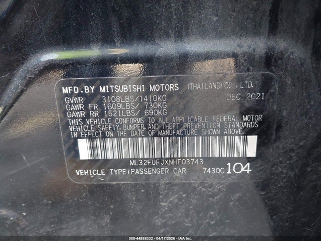 Aukcja sprzedaży 2022 Mitsubishi Mirage G4 Es, vin: ML32FUFJXNHF03743, numer aukcji: 44888332
