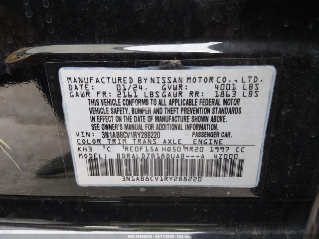 2024 Nissan Sentra Sv Xtronic Cvt მანქანა იყიდება აუქციონზე, vin: 3N1AB8CV1RY288220, აუქციონის ნომერი: 44888334