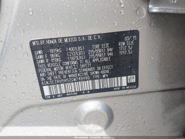 Продаж на аукціоні авто 2016 Honda Hr-v Ex, vin: 3CZRU5H52GM749490, номер лоту: 44888335
