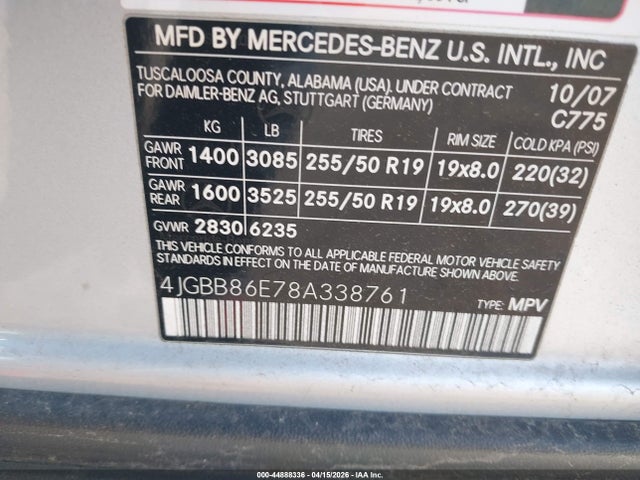 Aukcja sprzedaży 2008 Mercedes-benz Ml 350 4matic, vin: 4JGBB86E78A338761, numer aukcji: 44888336