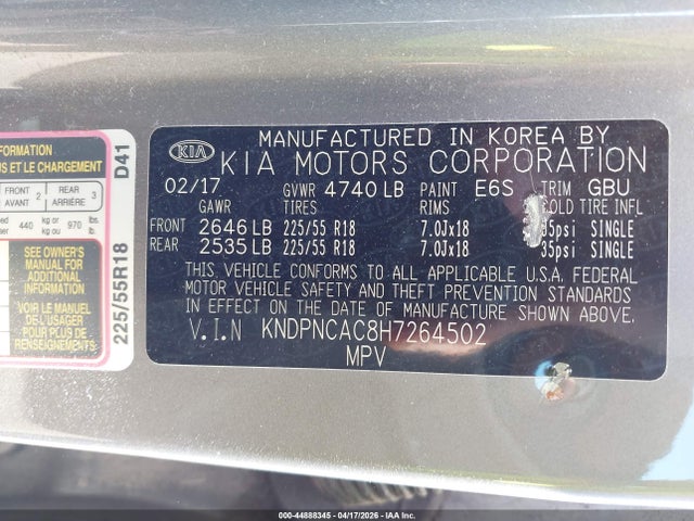 2017 Kia Sportage Ex მანქანა იყიდება აუქციონზე, vin: KNDPNCAC8H7264502, აუქციონის ნომერი: 44888345