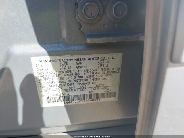 2008 Nissan Altima 2.5 S მანქანა იყიდება აუქციონზე, vin: 1N4AL21E98N540064, აუქციონის ნომერი: 44888349