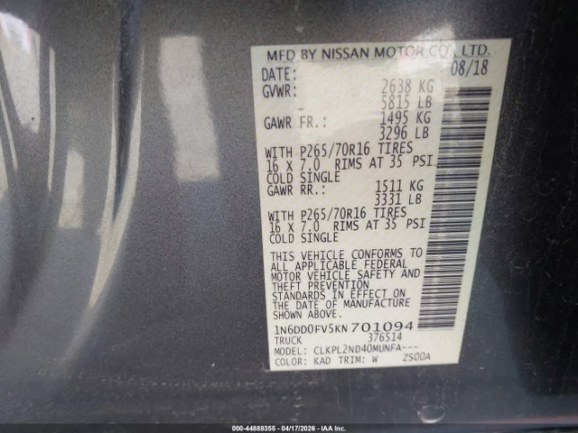 Продажа на аукционе авто 2019 Nissan Frontier Sv, vin: 1N6DD0FV5KN701094, номер лота: 44888355