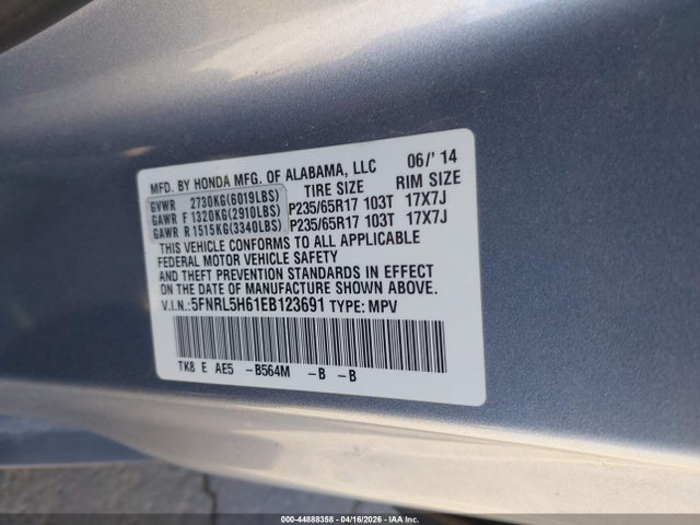 5FNRL5H61EB123691 Honda Odyssey Ex-l