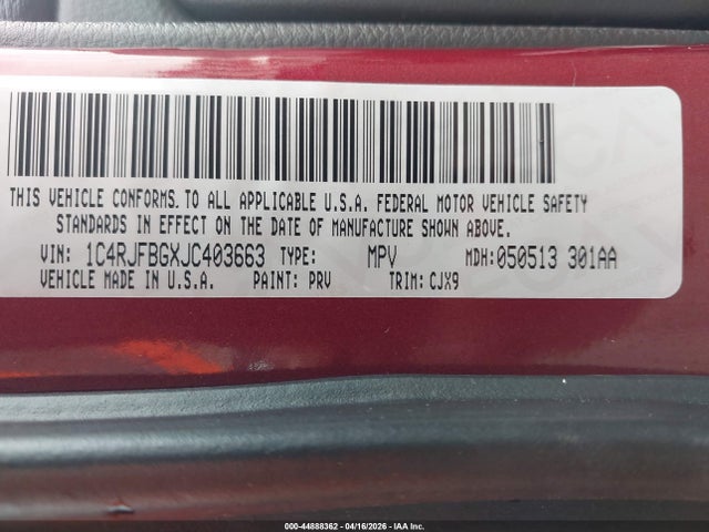 44888362 :رقم المزاد ، 1C4RJFBGXJC403663 vin ، 2018 Jeep Grand Cherokee Limited مزاد بيع