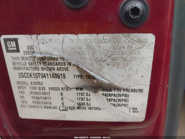 44888370 :رقم المزاد ، 2GCEK19T941148919 vin ، 2004 Chevrolet Silverado 1500 Z71 مزاد بيع
