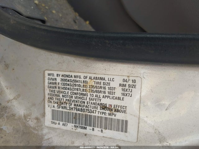 2010 Honda Odyssey Ex-l მანქანა იყიდება აუქციონზე, vin: 5FNRL3H79AB075347, აუქციონის ნომერი: 44888371