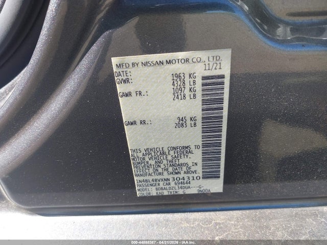 44888387 :رقم المزاد ، 1N4BL4BVXNN304310 vin ، 2022 Nissan Altima S Fwd مزاد بيع