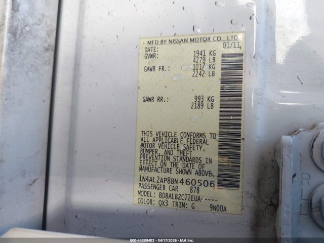 2011 Nissan Altima 2.5 S მანქანა იყიდება აუქციონზე, vin: 1N4AL2AP8BN460506, აუქციონის ნომერი: 44888402