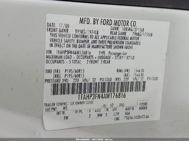 44888407 :رقم المزاد ، 1FAHP3FN4AW176816 vin ، 2010 Ford Focus Se مزاد بيع
