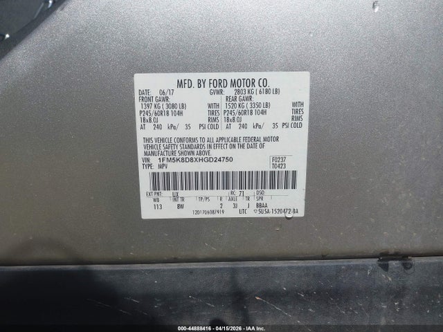 Продаж на аукціоні авто 2017 Ford Explorer Xlt, vin: 1FM5K8D8XHGD24750, номер лоту: 44888416