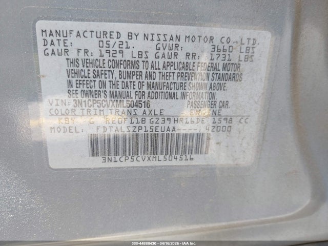 Продажа на аукционе авто 2021 Nissan Kicks Sv Xtronic Cvt, vin: 3N1CP5CVXML504516, номер лота: 44888430