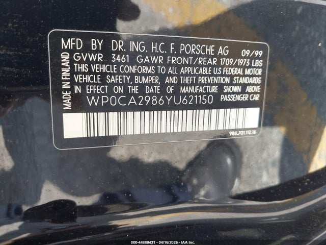 Aukcja sprzedaży 2000 Porsche Boxster, vin: WP0CA2986YU621150, numer aukcji: 44888431