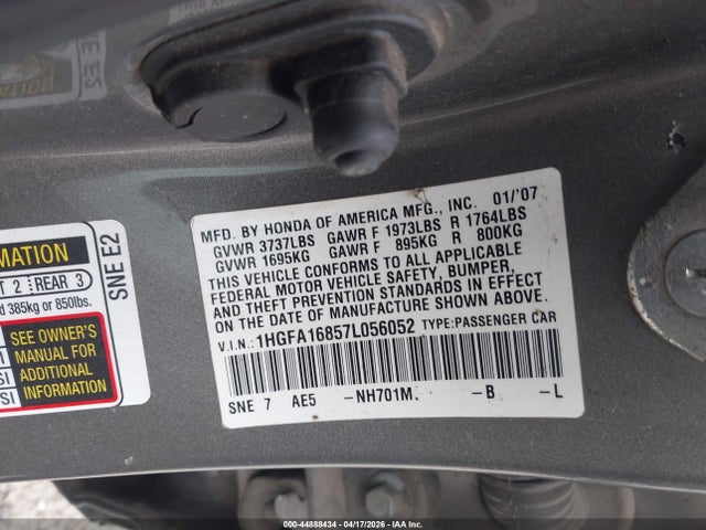 Aukcja sprzedaży 2007 Honda Civic Ex, vin: 1HGFA16857L056052, numer aukcji: 44888434
