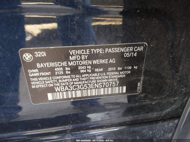 44888459 :رقم المزاد ، WBA3C3G53ENS70757 vin ، 2014 Bmw 320i Xdrive مزاد بيع
