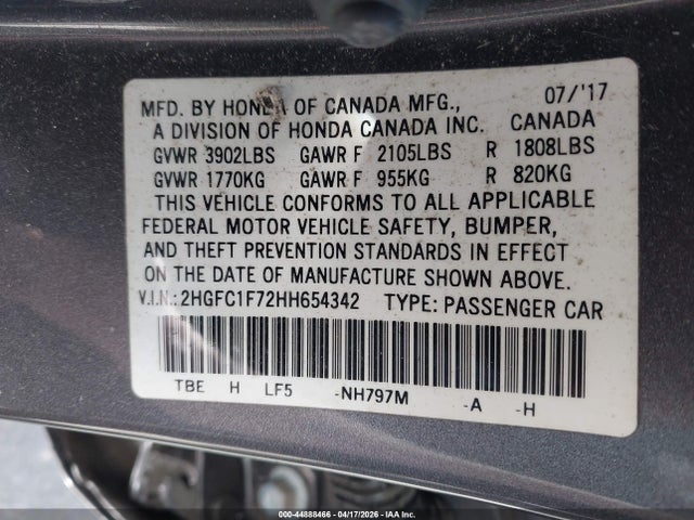 2017 Honda Civic Ex-l მანქანა იყიდება აუქციონზე, vin: 2HGFC1F72HH654342, აუქციონის ნომერი: 44888466