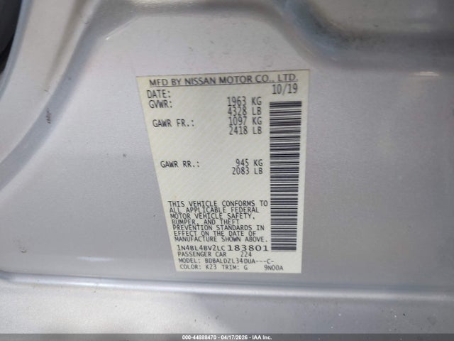 2020 Nissan Altima S Fwd მანქანა იყიდება აუქციონზე, vin: 1N4BL4BV2LC183801, აუქციონის ნომერი: 44888470