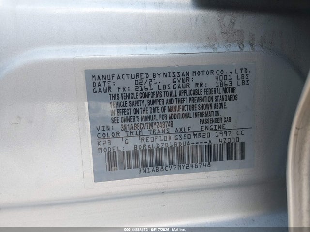 Aukcja sprzedaży 2021 Nissan Sentra Sv Xtronic Cvt, vin: 3N1AB8CV7MY248748, numer aukcji: 44888473