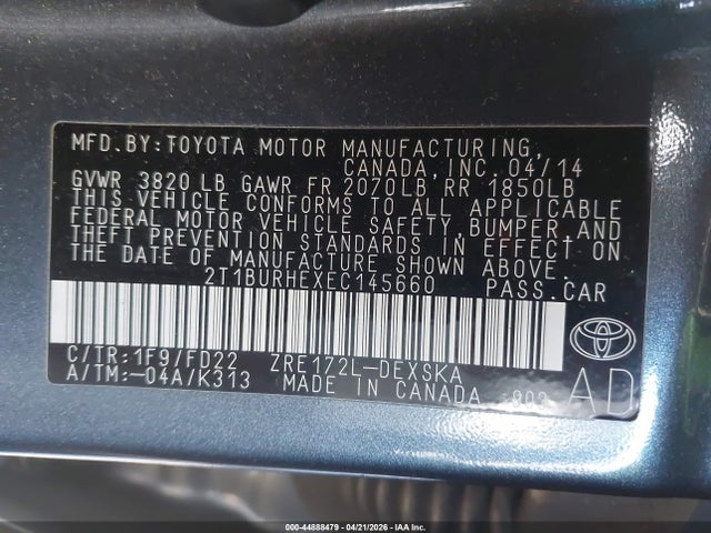 44888479 :رقم المزاد ، 2T1BURHEXEC145660 vin ، 2014 Toyota Corolla S Plus مزاد بيع