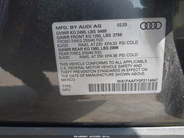 Aukcja sprzedaży 2023 Audi Q5 Prestige 45 Tfsi S Line Quattro S Tronic, vin: WA1FAAFY0P2114647, numer aukcji: 44888491
