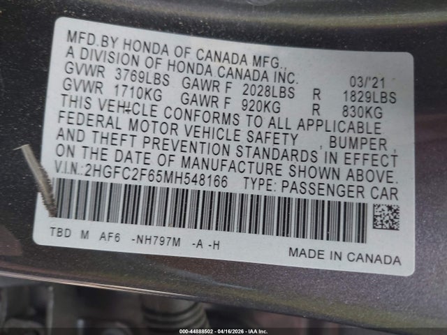 2021 Honda Civic Lx მანქანა იყიდება აუქციონზე, vin: 2HGFC2F65MH548166, აუქციონის ნომერი: 44888502