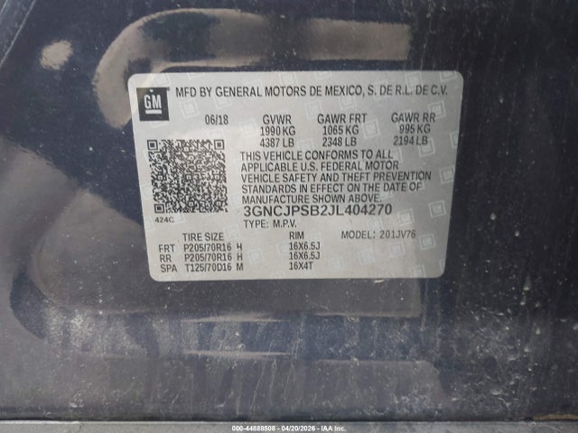 Продаж на аукціоні авто 2018 Chevrolet Trax Lt, vin: 3GNCJPSB2JL404270, номер лоту: 44888508