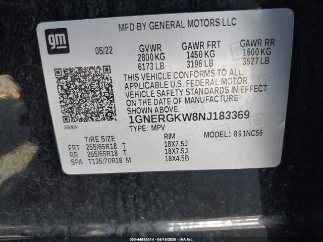Aukcja sprzedaży 2022 Chevrolet Traverse Fwd Lt Cloth, vin: 1GNERGKW8NJ183369, numer aukcji: 44888514