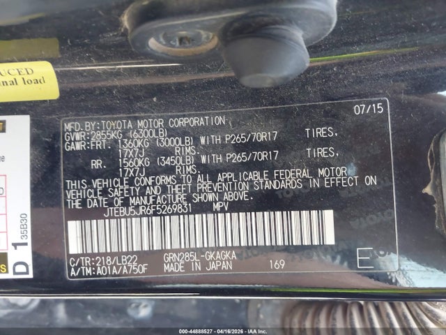 Продажа на аукционе авто 2015 Toyota 4runner Sr5 Premium, vin: JTEBU5JR6F5269831, номер лота: 44888527