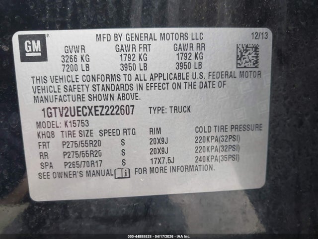 44888528 :رقم المزاد ، 1GTV2UECXEZ222607 vin ، 2014 Gmc Sierra 1500 Sle مزاد بيع