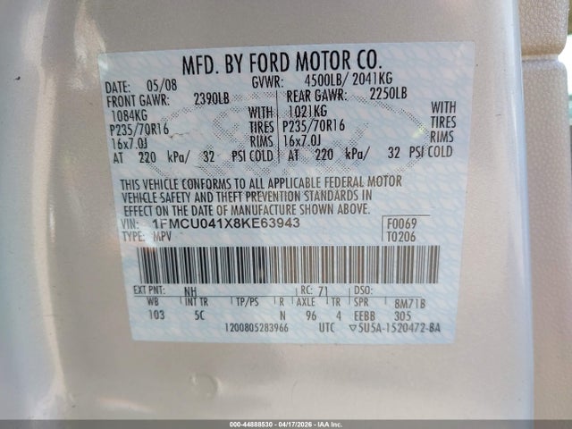2008 Ford Escape Limited მანქანა იყიდება აუქციონზე, vin: 1FMCU041X8KE63943, აუქციონის ნომერი: 44888530