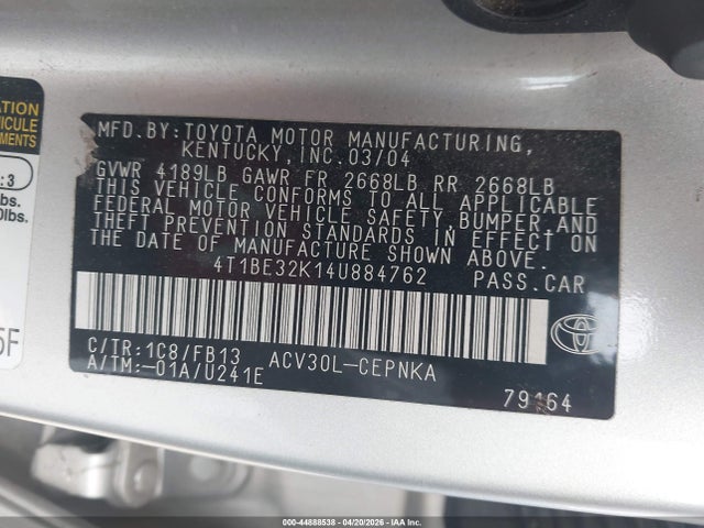 44888538 :رقم المزاد ، 4T1BE32K14U884762 vin ، 2004 Toyota Camry Le مزاد بيع