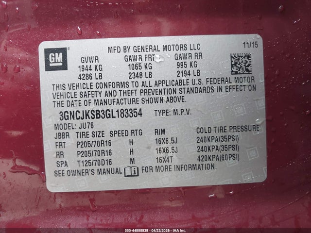Продаж на аукціоні авто 2016 Chevrolet Trax 1ls, vin: 3GNCJKSB3GL183354, номер лоту: 44888539