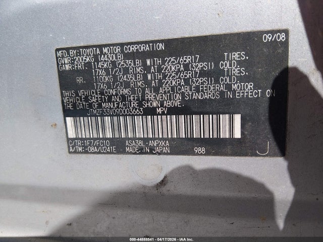 2009 Toyota Rav4 მანქანა იყიდება აუქციონზე, vin: JTMZF33V09D003663, აუქციონის ნომერი: 44888541