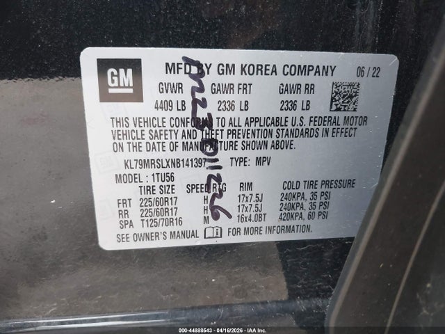 44888543 :رقم المزاد ، KL79MRSLXNB141397 vin ، 2022 Chevrolet Trailblazer Awd Lt مزاد بيع