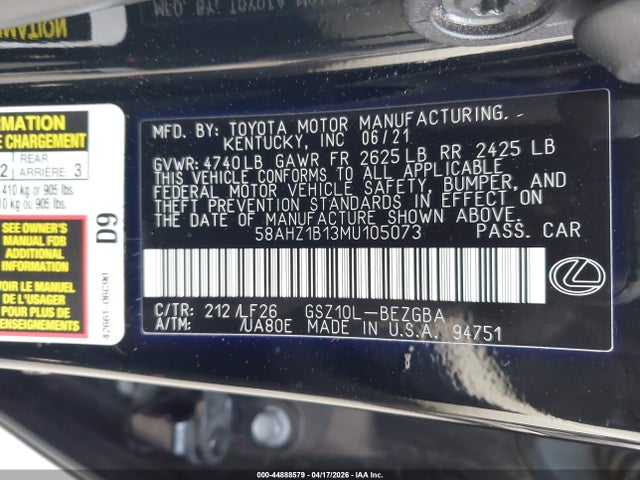 Продажа на аукционе авто 2021 Lexus Es 350 F Sport, vin: 58AHZ1B13MU105073, номер лота: 44888579