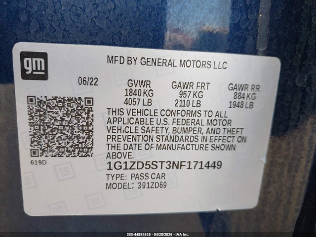 44888585 :رقم المزاد ، 1G1ZD5ST3NF171449 vin ، 2022 Chevrolet Malibu Fwd Lt مزاد بيع