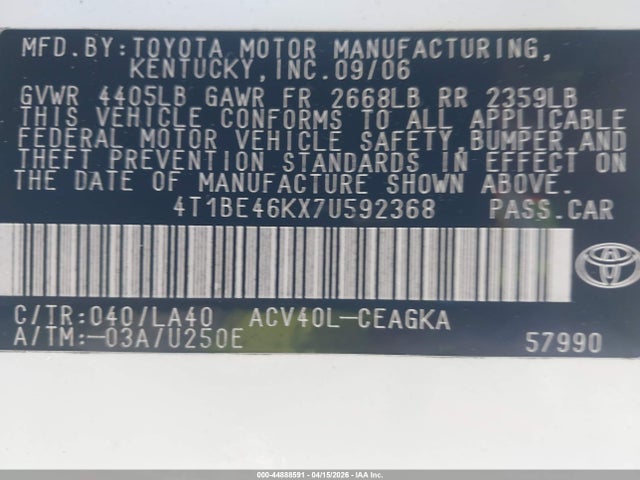 Продаж на аукціоні авто 2007 Toyota Camry Xle, vin: 4T1BE46KX7U592368, номер лоту: 44888591